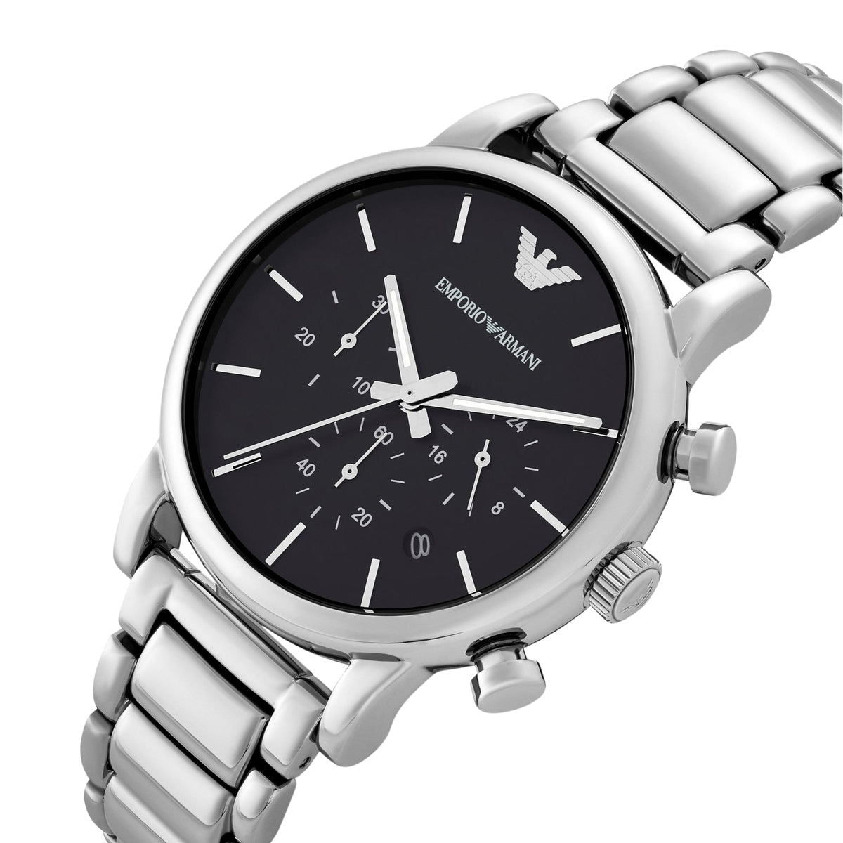 Emporio Armani Luigi AR1853 angled view highlighting black dial layout and steel bracelet links