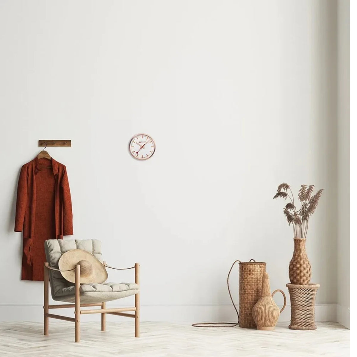 Round quartz wall clock with copper case and white dial, wall-mounted