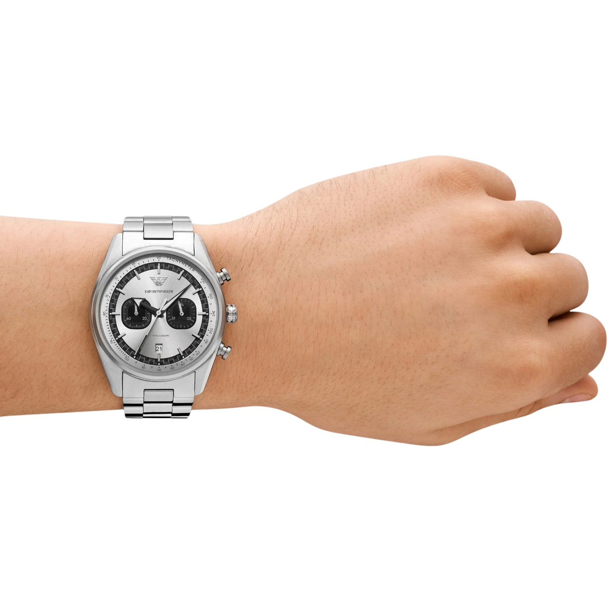 Emporio Armani Racer AR11636 lifestyle view of model wearing mens chronograph watch on wrist