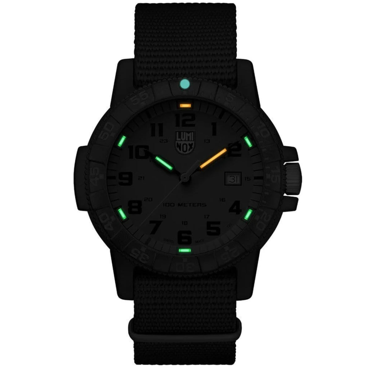 Quartz watch with dark dial, luminous markers, and black fabric strap