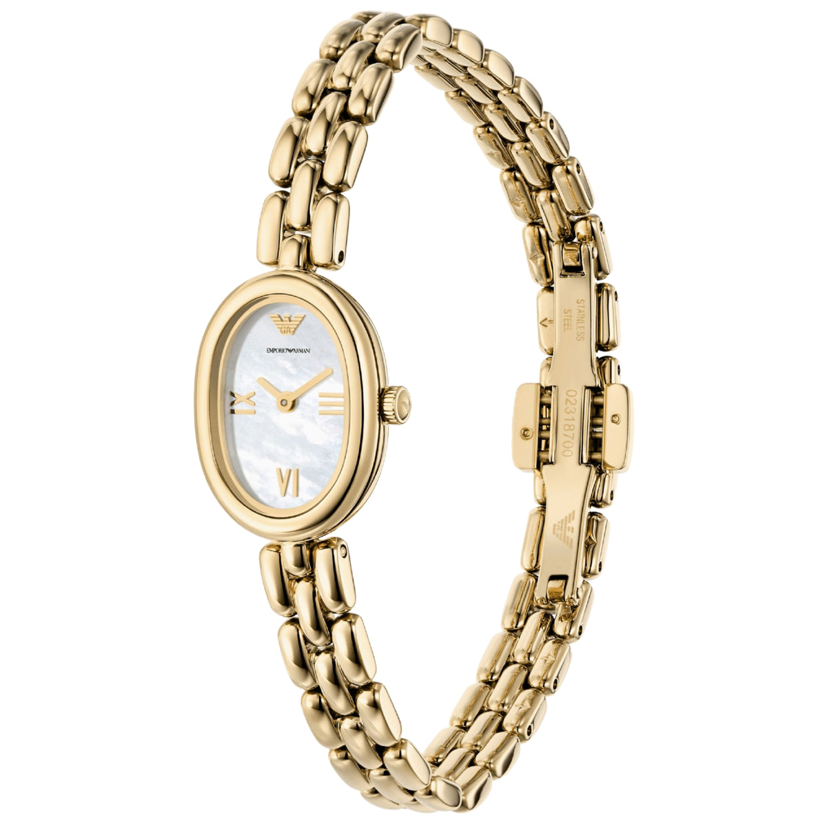 Angled view of the Emporio Armani Sinfonia AR11721 wristwatch highlighting the white mother-of-pearl style dial texture, polished gold-tone case, and jewelry clasp