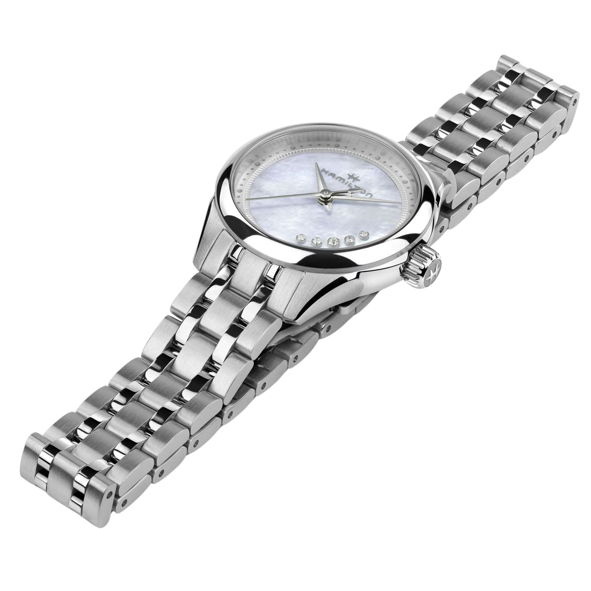 Stainless steel quartz watch angled view, mother-of-pearl dial with dot markers and crown