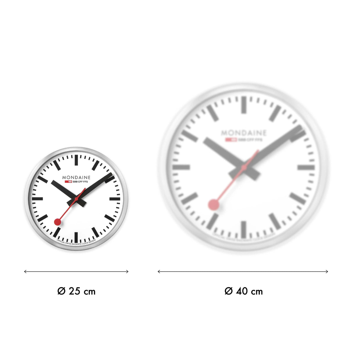 Size diagram showing the 25 cm diameter Mondaine clock A990.CLOCK.11SBC next to a 40 cm model