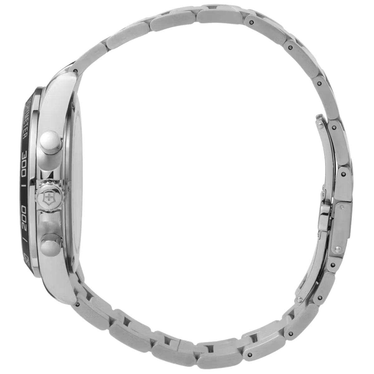 Men's stainless steel watch with side crown and tachymeter bezel markings