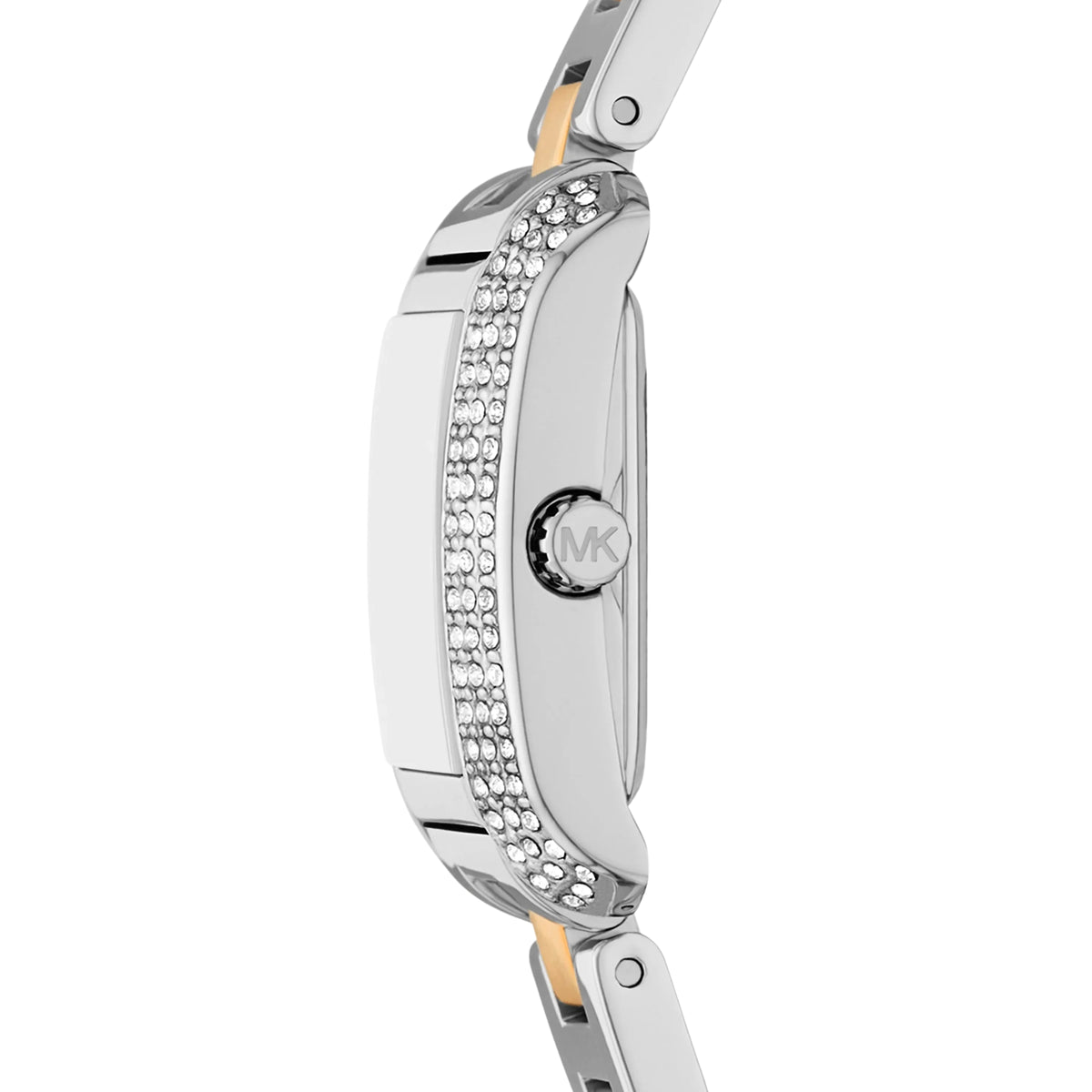 Michael Kors steel quartz watch side view with crystal bezel and gold-tone links