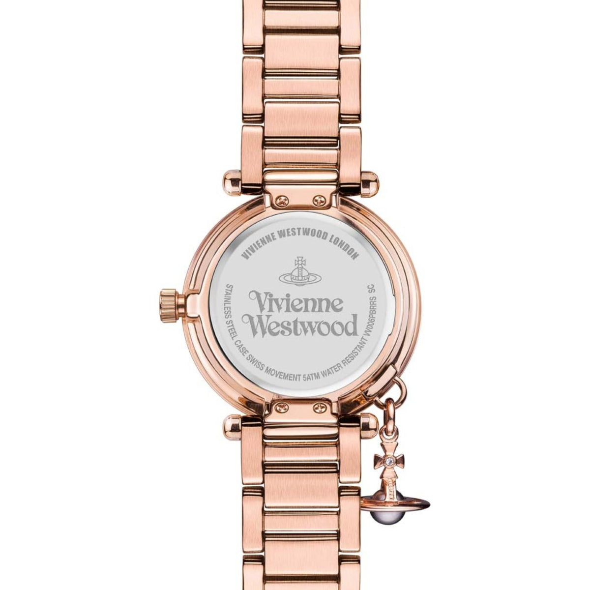 Engraved case back of the Vivienne Westwood Mother Orb VV006PBRRS steel quartz watch with rose gold plating.