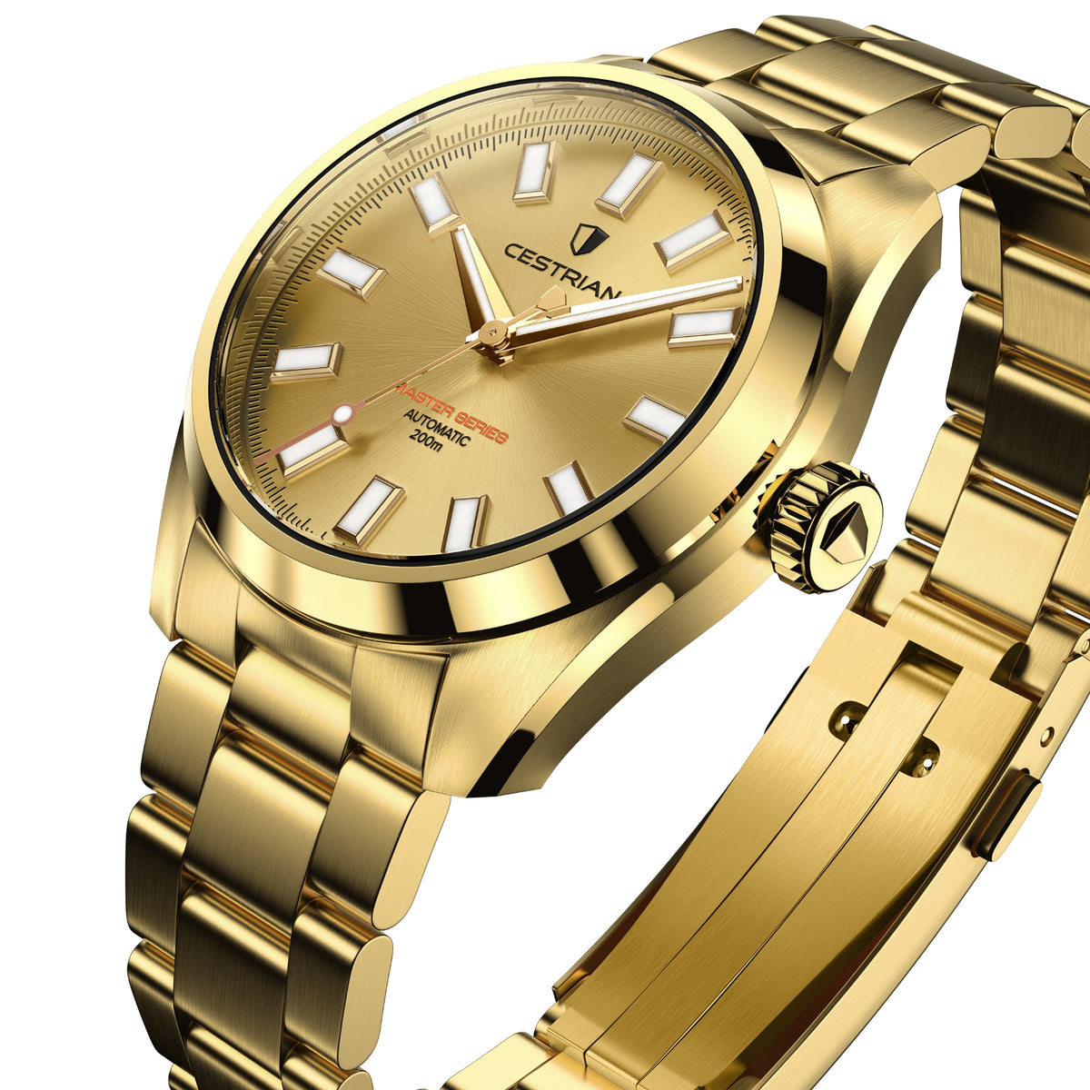 Gold-plated automatic men's wrist watch with gold dial and metal link bracelet.