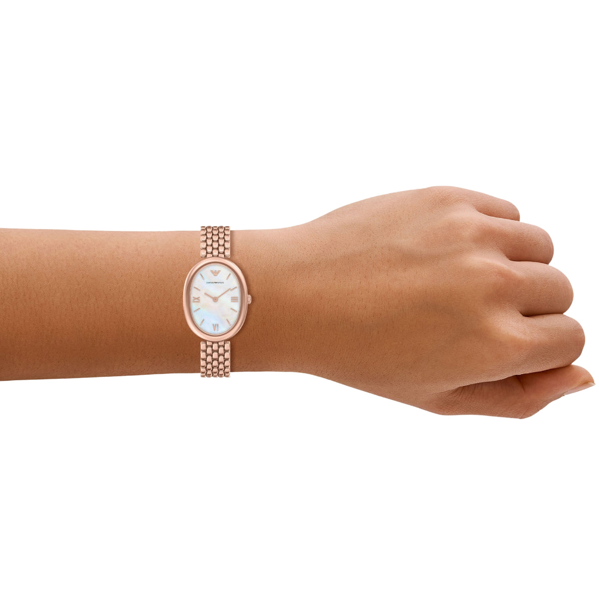 Emporio Armani Sinfonia AR11775 on-wrist view showcasing the fit of the 26mm oval case and slim rose gold-tone bracelet