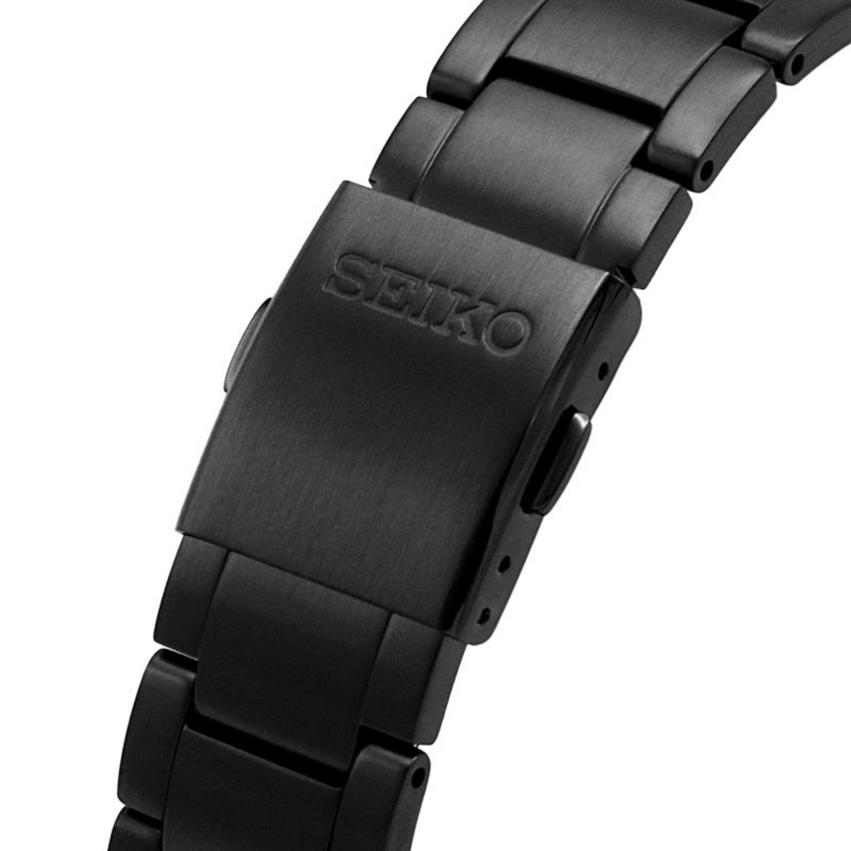 Black steel watch bracelet with brushed clasp and SEIKO logo