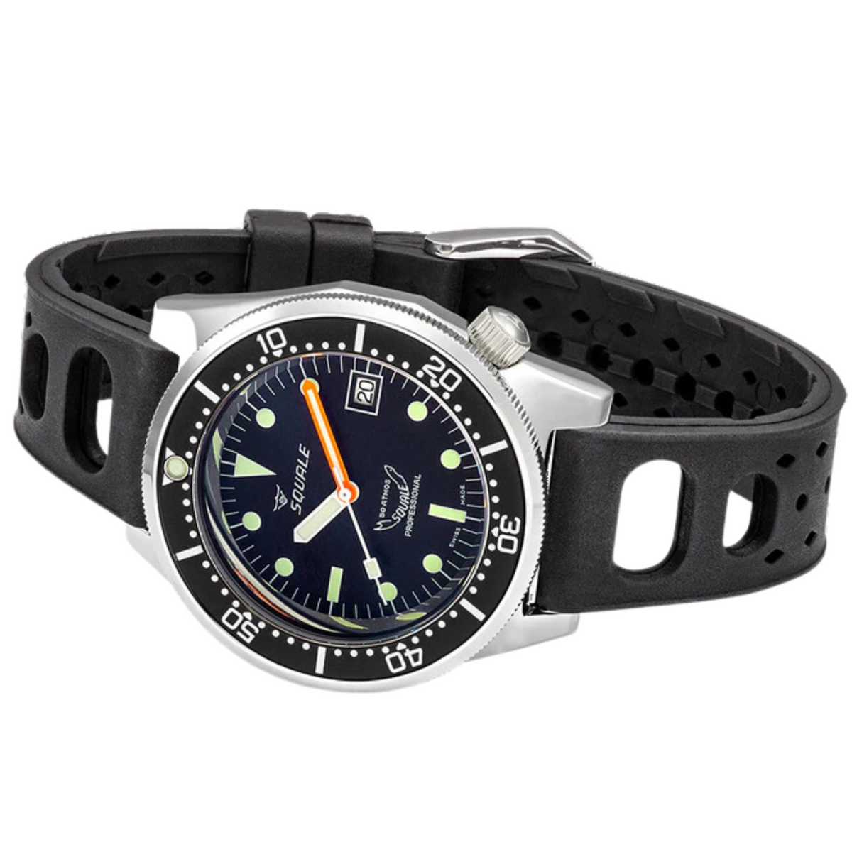 Men's automatic diver watch on black perforated silicone strap, black bezel, orange hand