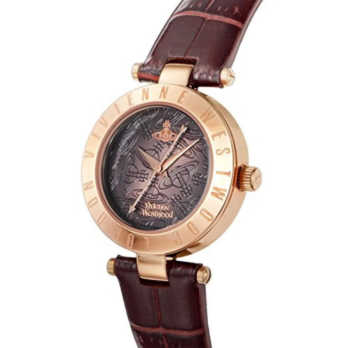 Women's quartz watch with dark patterned dial, burgundy-brown leather strap, rose-gold case