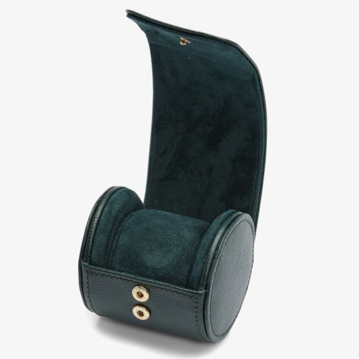 Single watch roll open with dark green suede lining and two gold-tone snap buttons