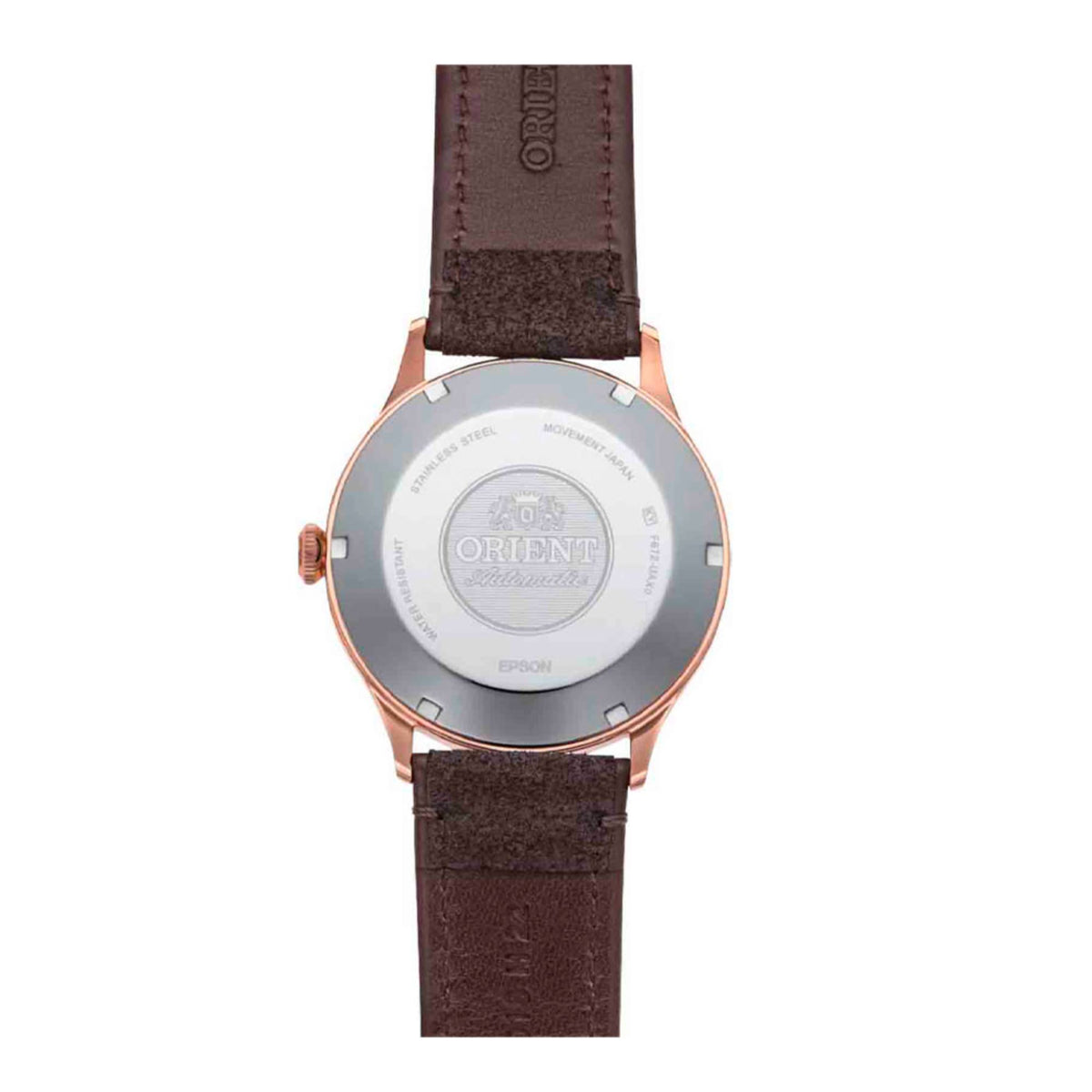Orient Bambino RA-AC0P04Y30B flat back case view showing engraved brand markings and leather strap lining