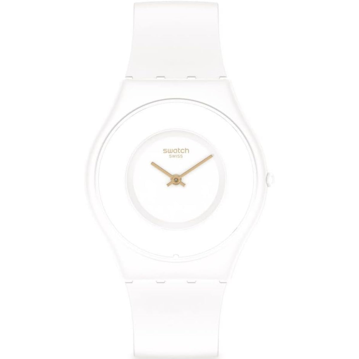 White silicone strap wristwatch with white dial and gold-tone hands, Swatch logo