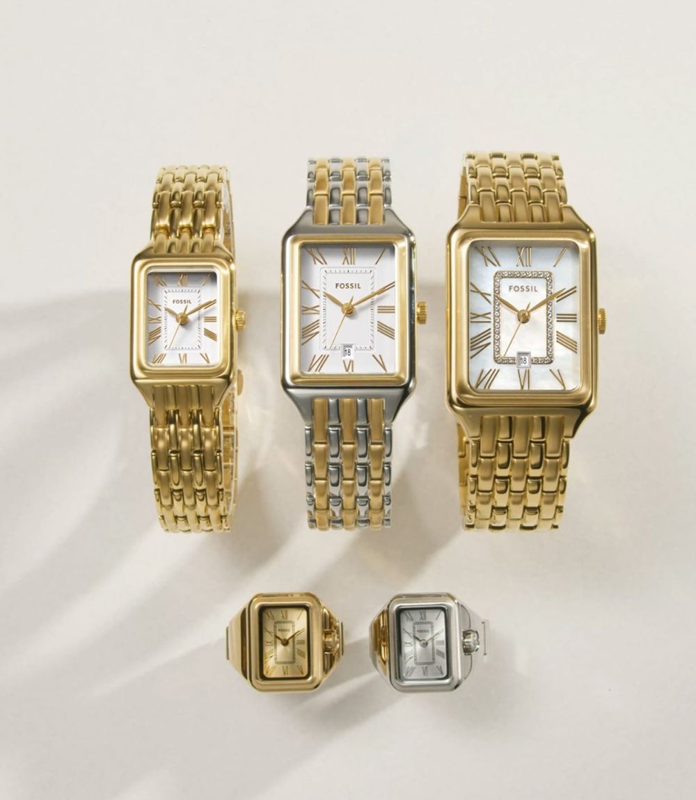 Fossil Raquel collection watches alongside watch rings displaying gold-tone, two-tone, and mother-of-pearl dials