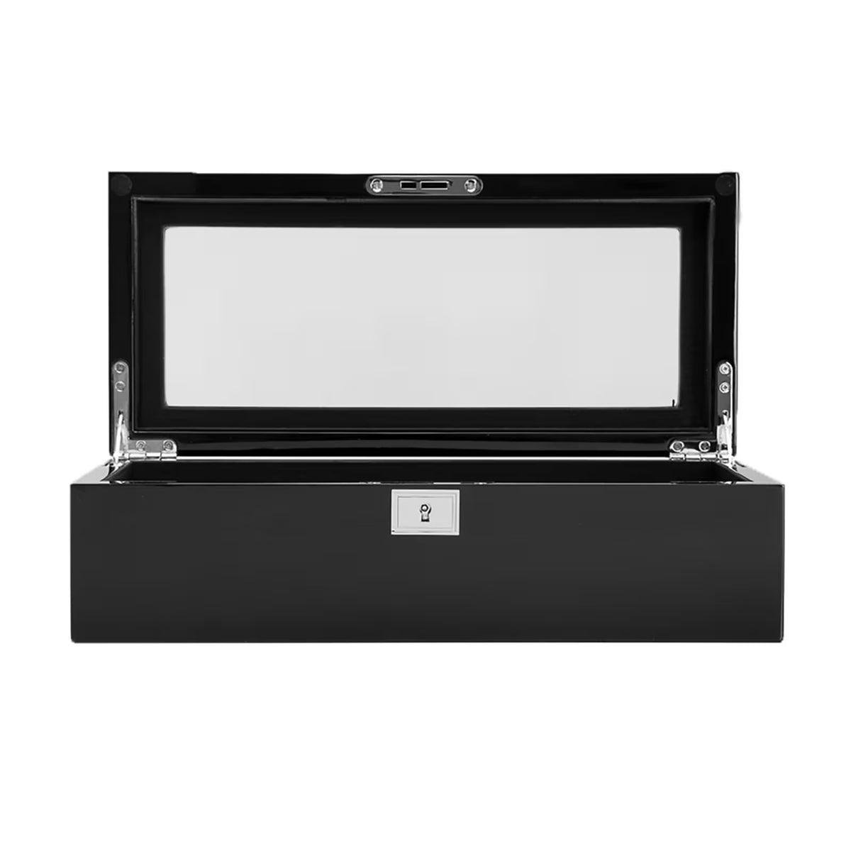 Black watch box open with glass lid and foam compartments, key lock at center