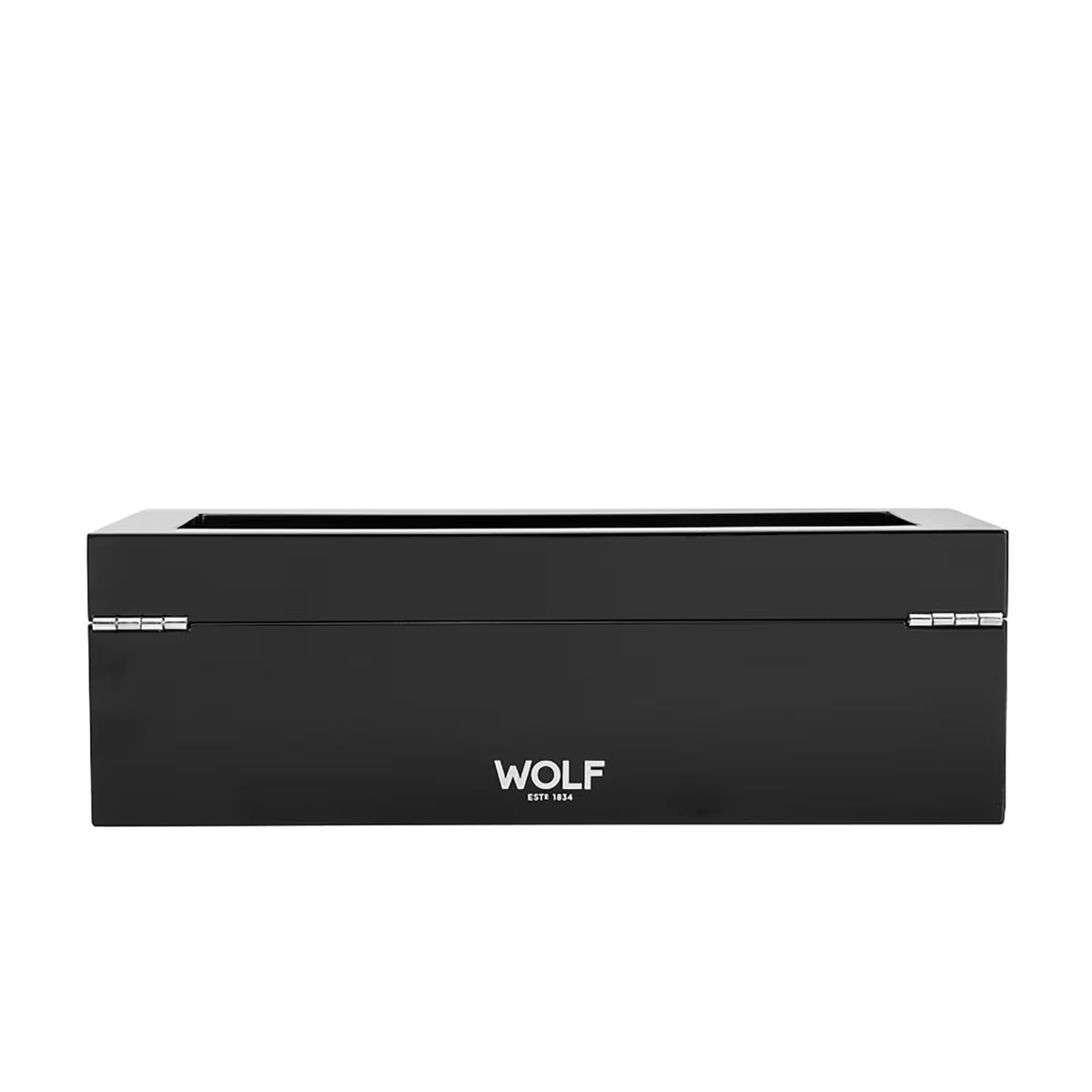 Black watch box with WOLF logo and metal closure latches, lid closed