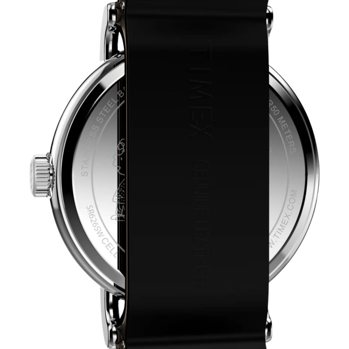 Timex watch side profile with black leather strap and engraved steel case