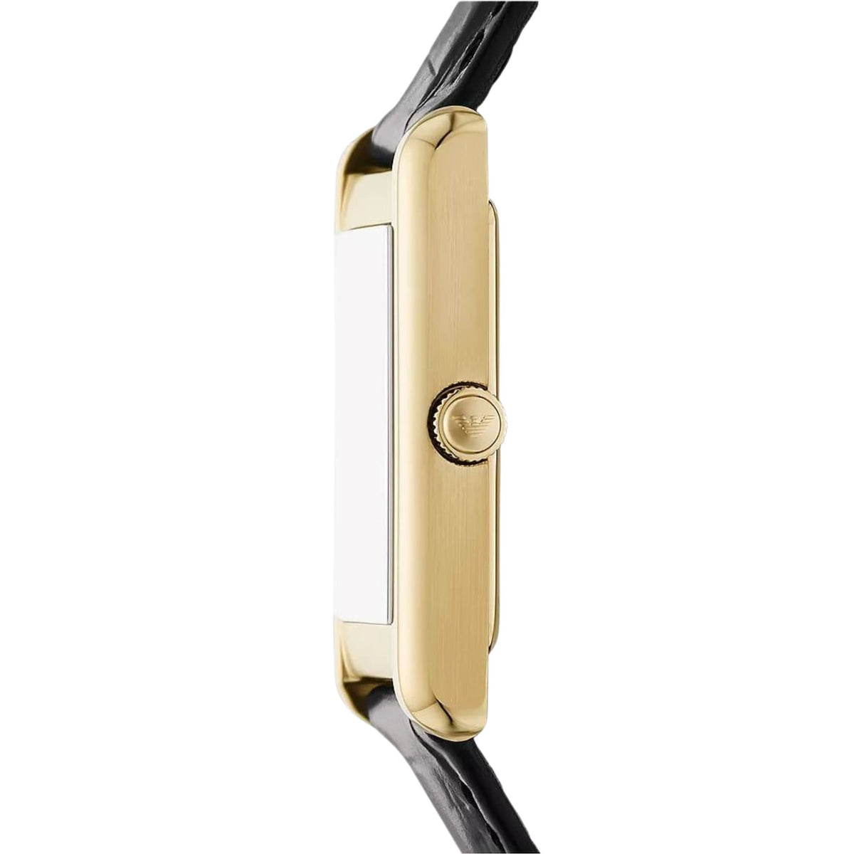 Side profile of ladies quartz watch, gold-tone case with black leather strap
