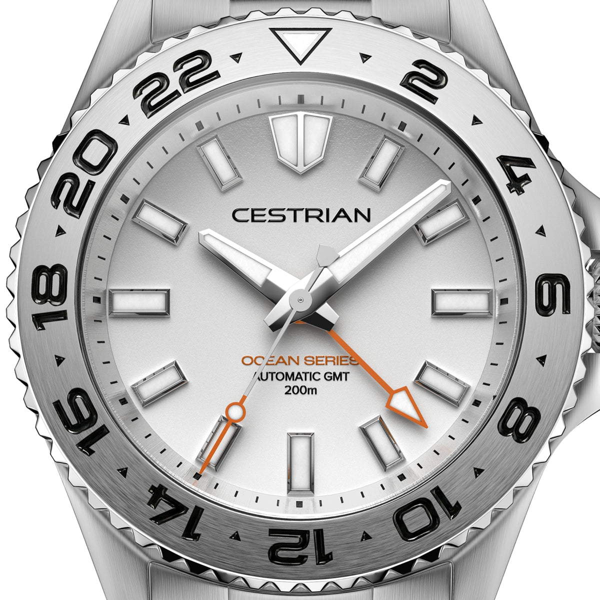 Men's automatic GMT wristwatch close-up with white dial and silver hour markers