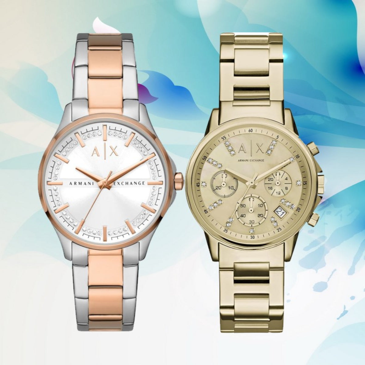 Armani Exchange women's watches featuring a two-tone rose gold crystal-bezel dress watch and a full gold-tone chronograph with sub-dials
