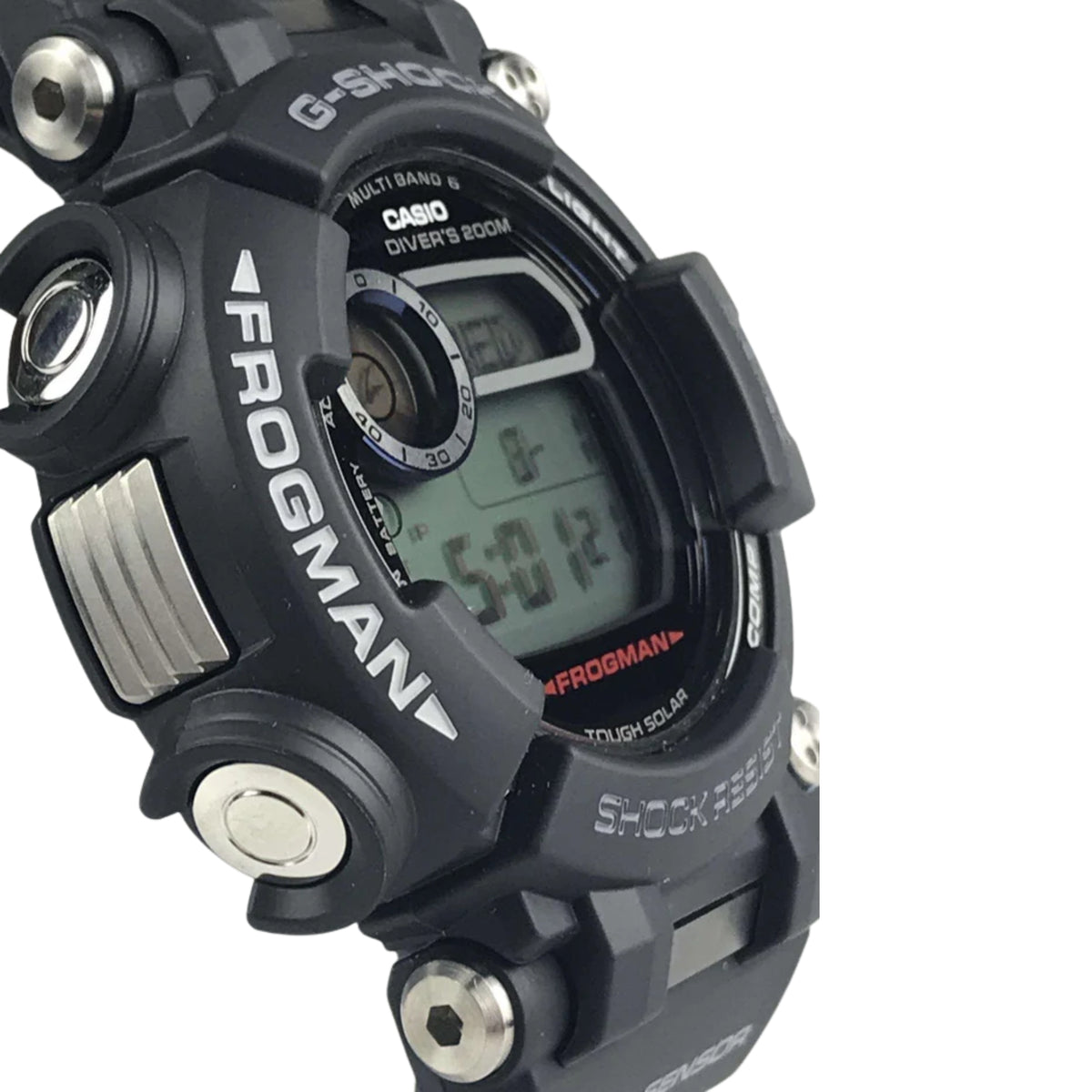 Men's G-Shock Frogman watch side view with textured bezel and LCD window