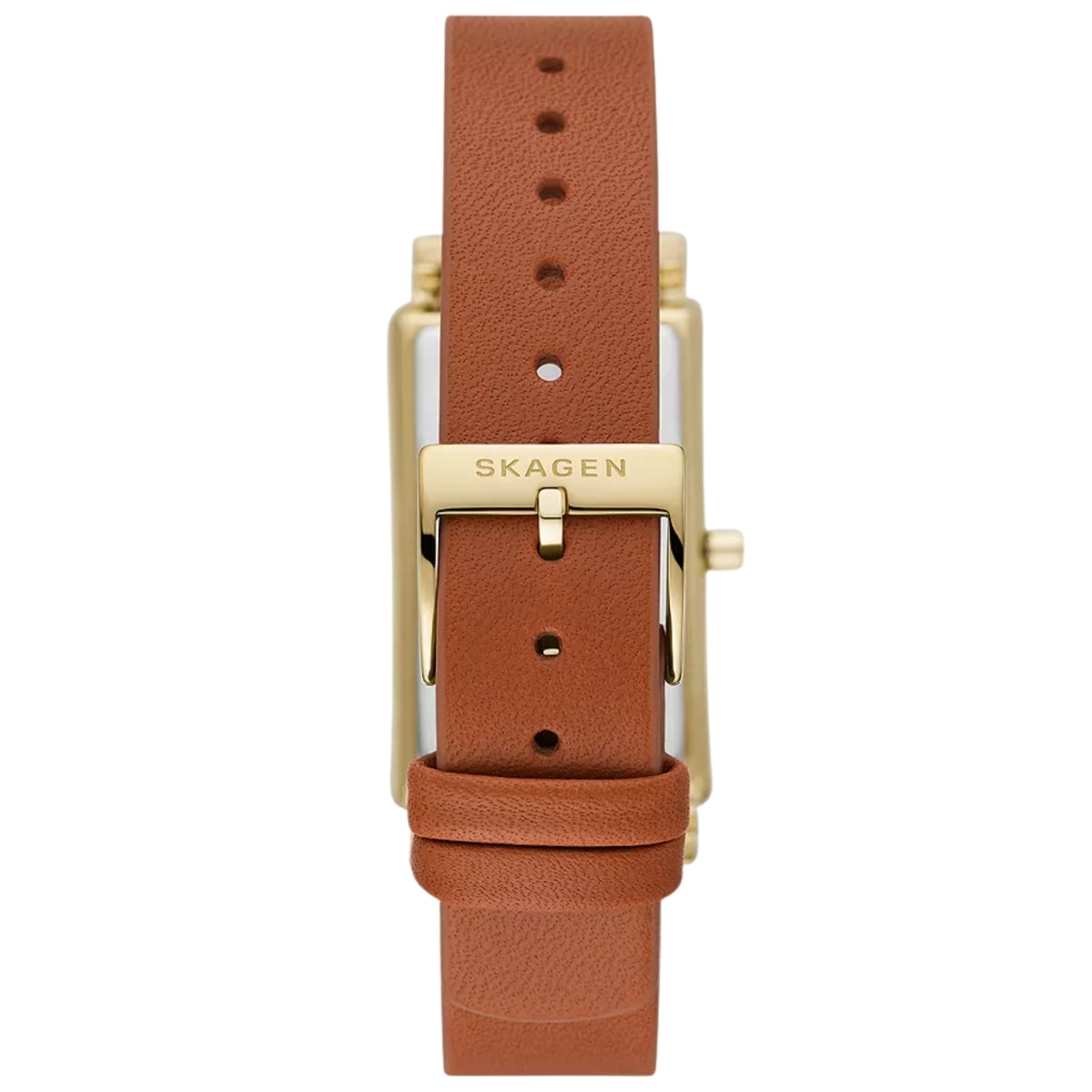 Skagen ladies watch with brown leather strap, gold-tone case, perforated strap holes