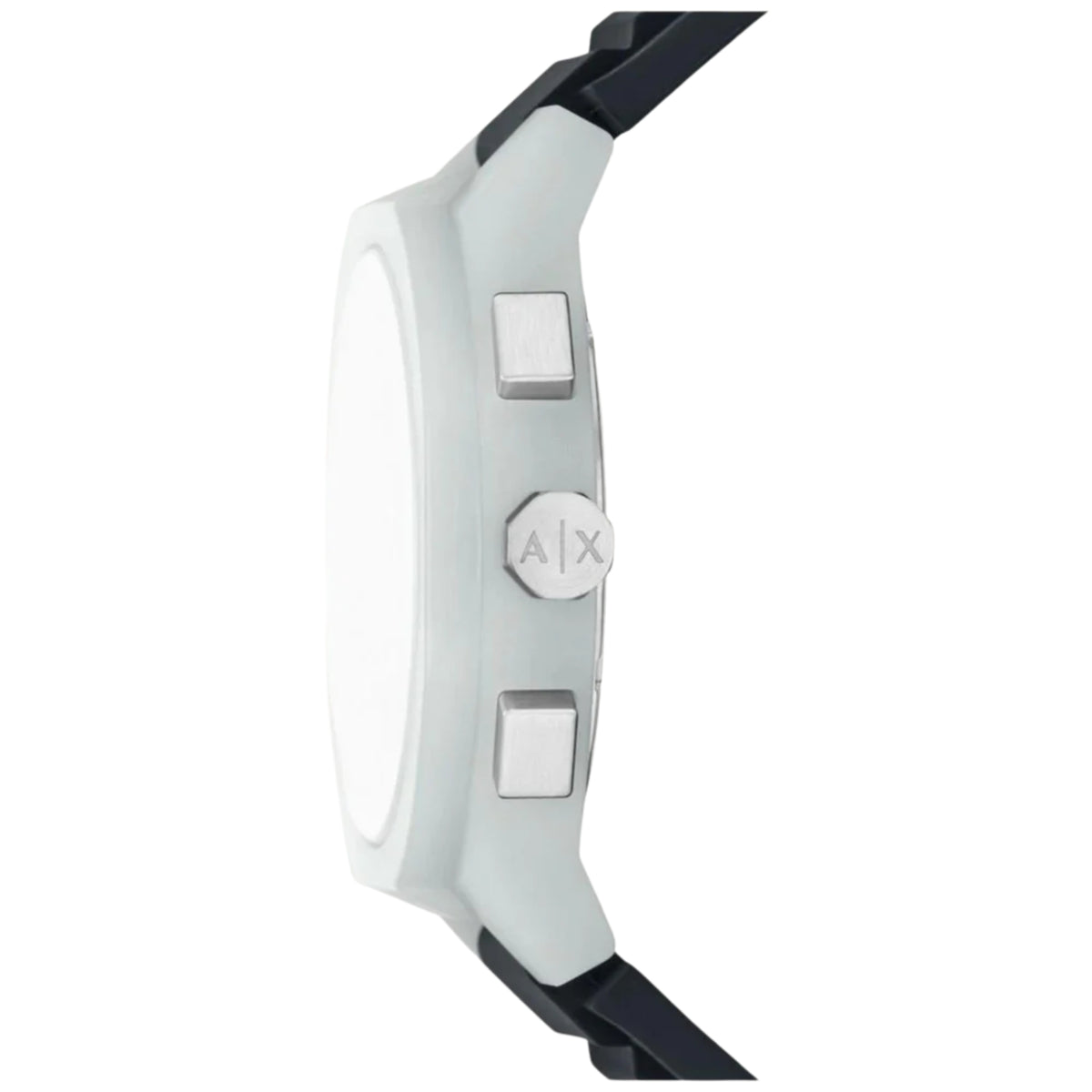 Black silicone watch band side with A|X logo and metal clasp