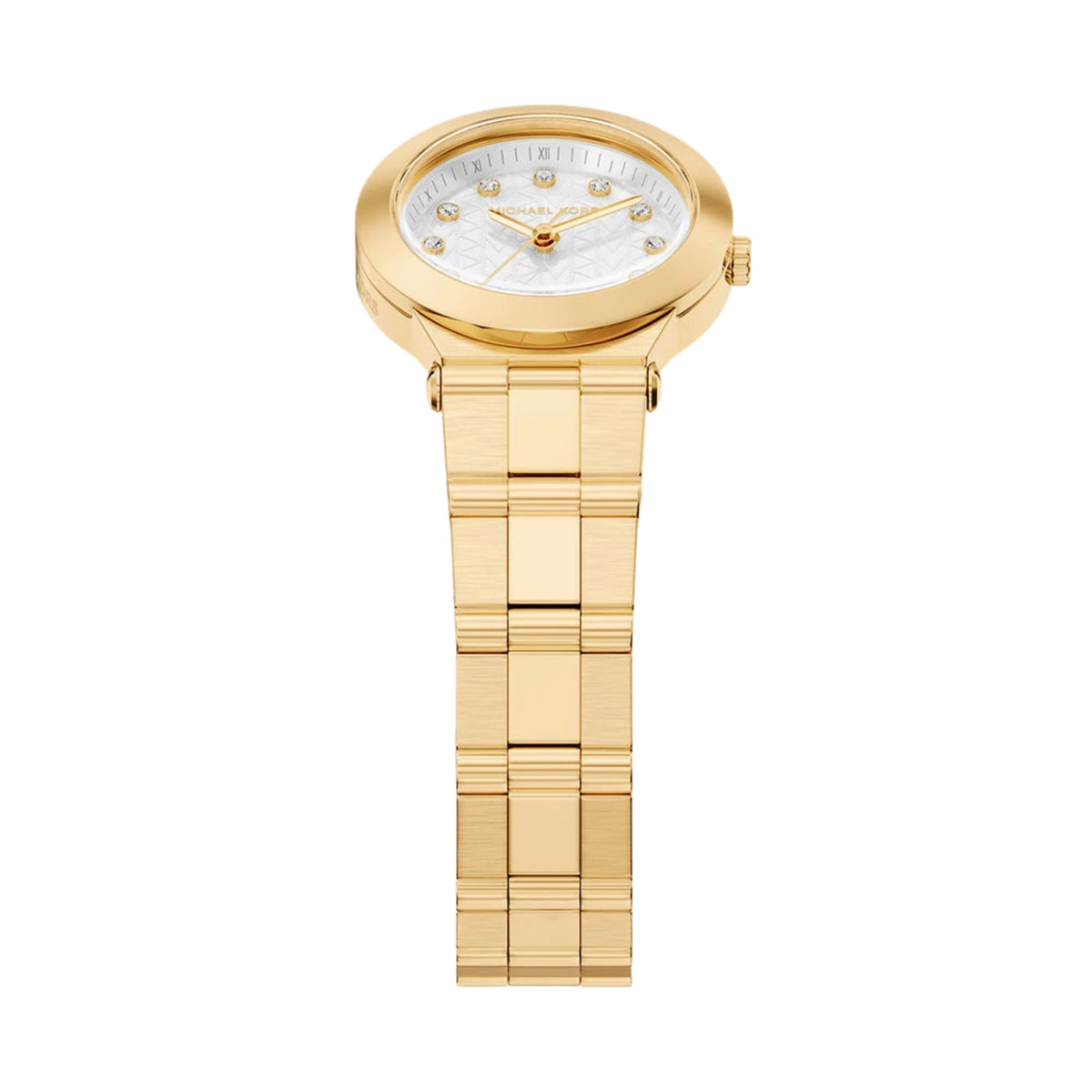 Michael Kors Billie MK7567 top perspective view highlighting the patterned white mother of pearl dial and gold-tone bezel
