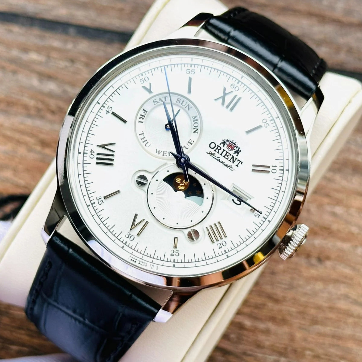Orient Bambino 41.5mm Sun & Moon Silver Dial Leather Automatic Mens Watch RA-AK0802S30B