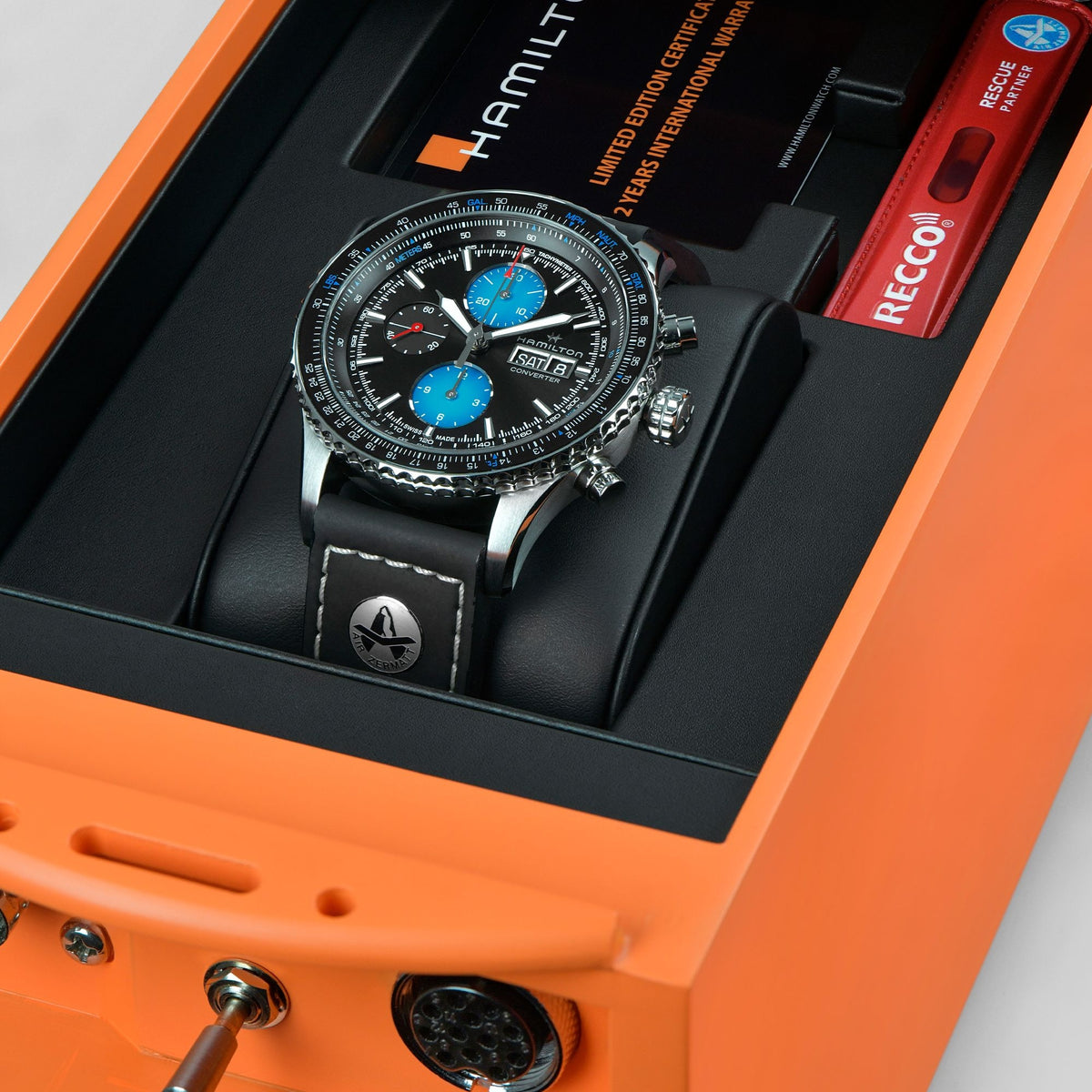 Men's automatic pilot watch shown in a gift box with black leather strap and blue dial