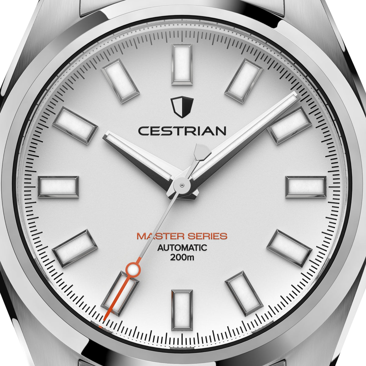 Men's automatic steel watch dial close-up with white face and orange seconds hand