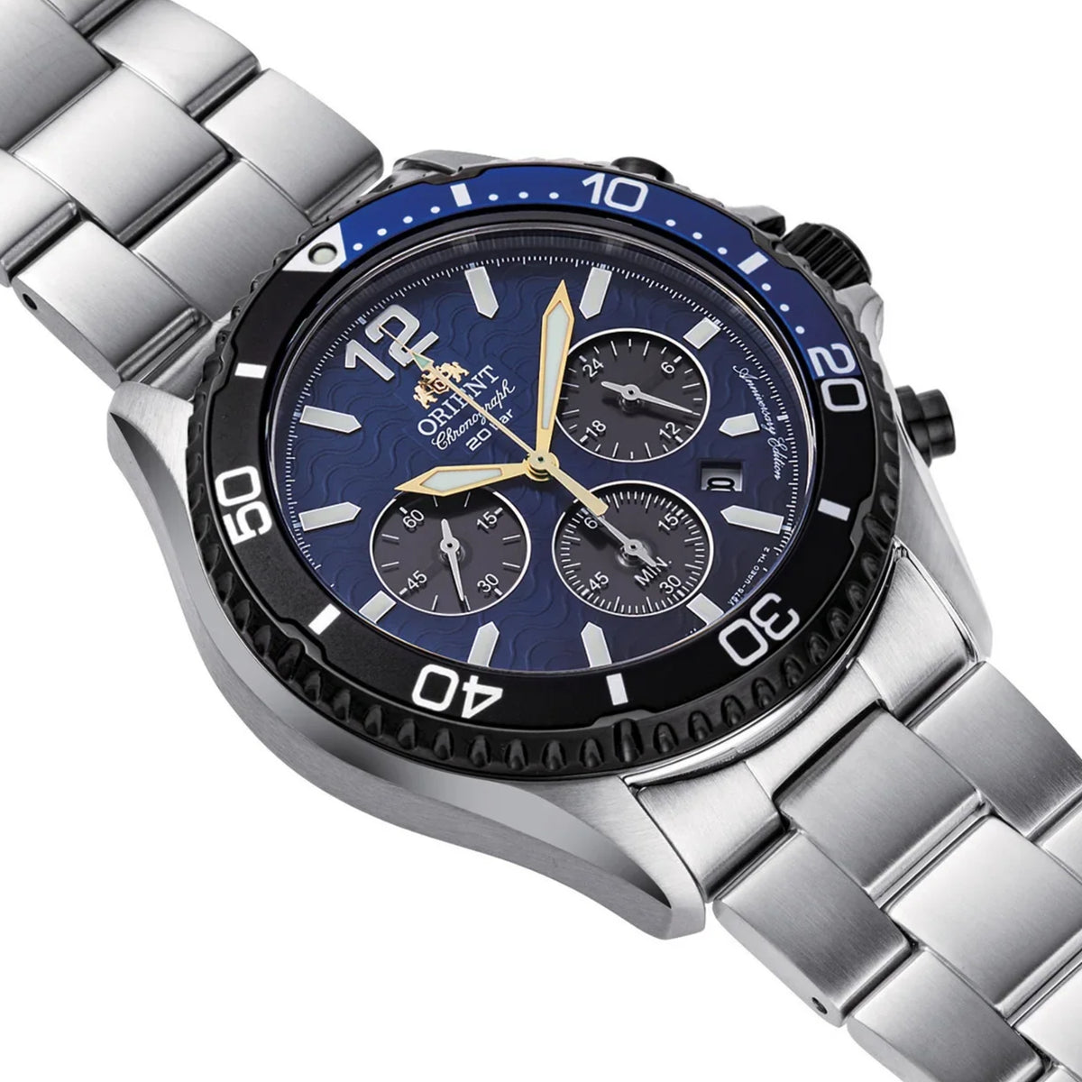 Men's steel chronograph solar watch with blue dial, three subdials and bracelet