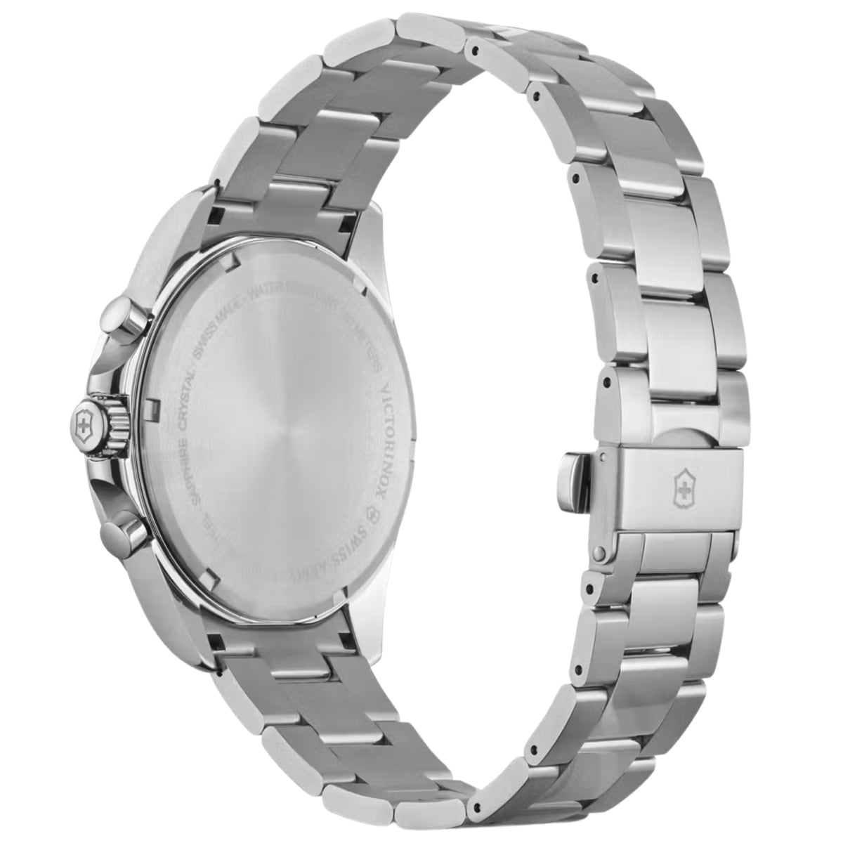 Men's stainless steel quartz watch case back with linked metal bracelet