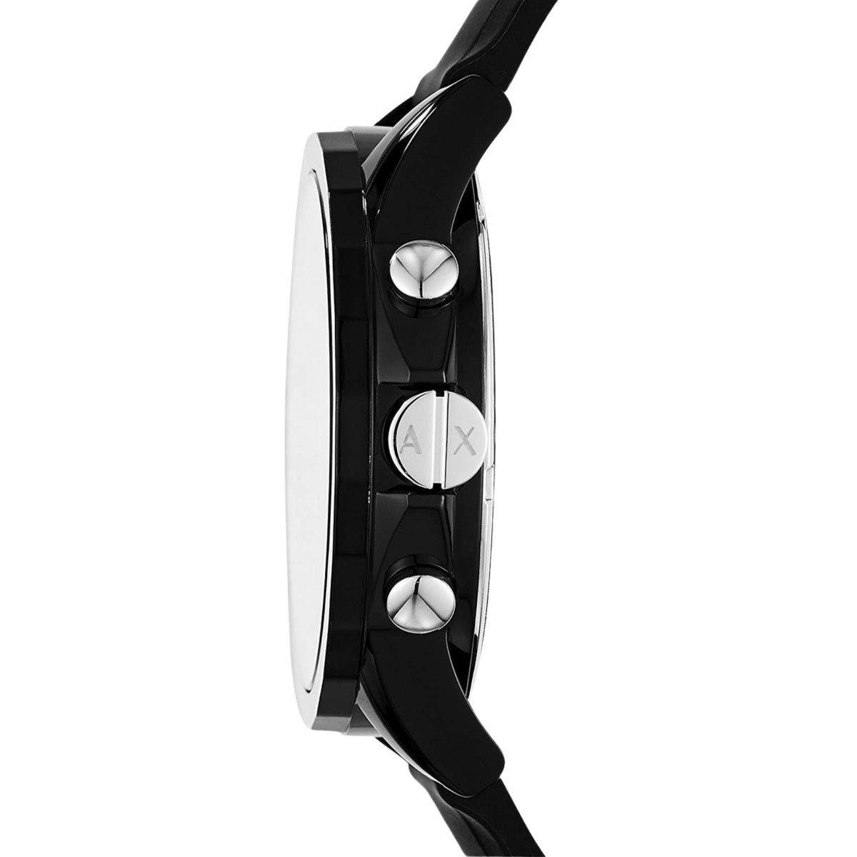 Men's Armani Exchange chronograph watch: black dial, silver case, black rubber strap