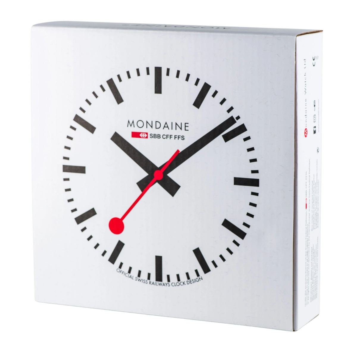 Mondaine wall clock official packaging box with Swiss Railways clock graphic