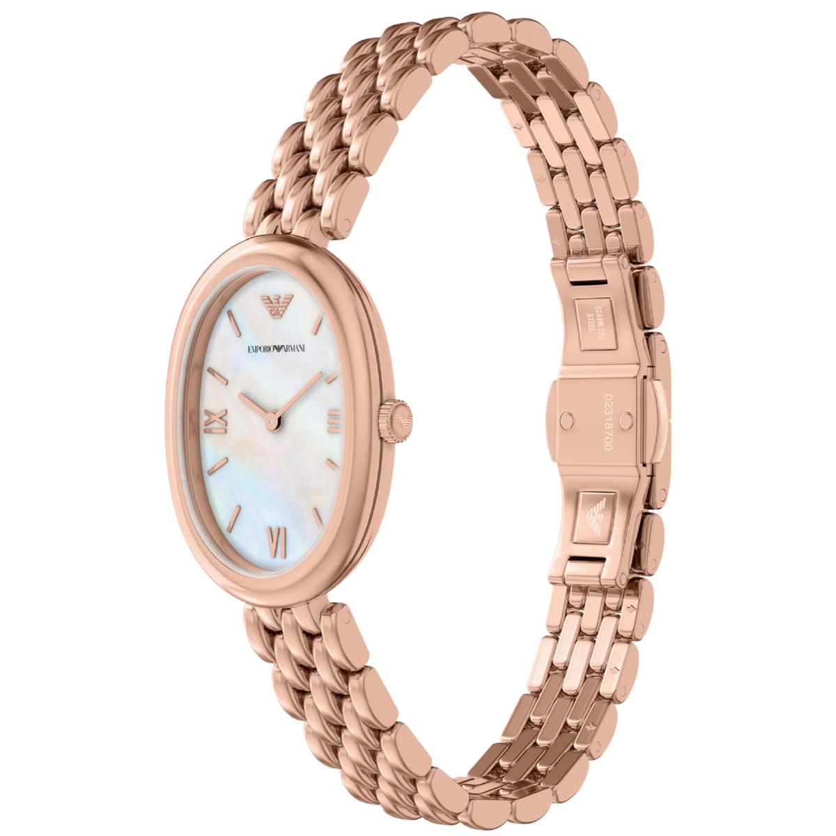 Emporio Armani Sinfonia AR11775 rose gold-tone steel bracelet side angle view showing open jewelry clasp and oval case profile