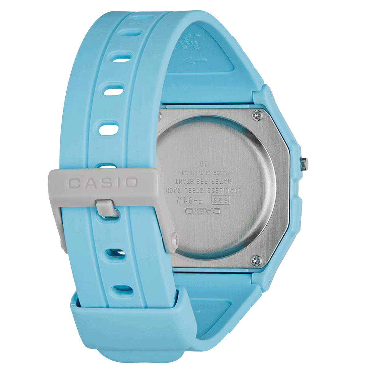 Casio Vintage F-91WC-2AEF back view showing stainless steel case back and resin strap buckle fastening