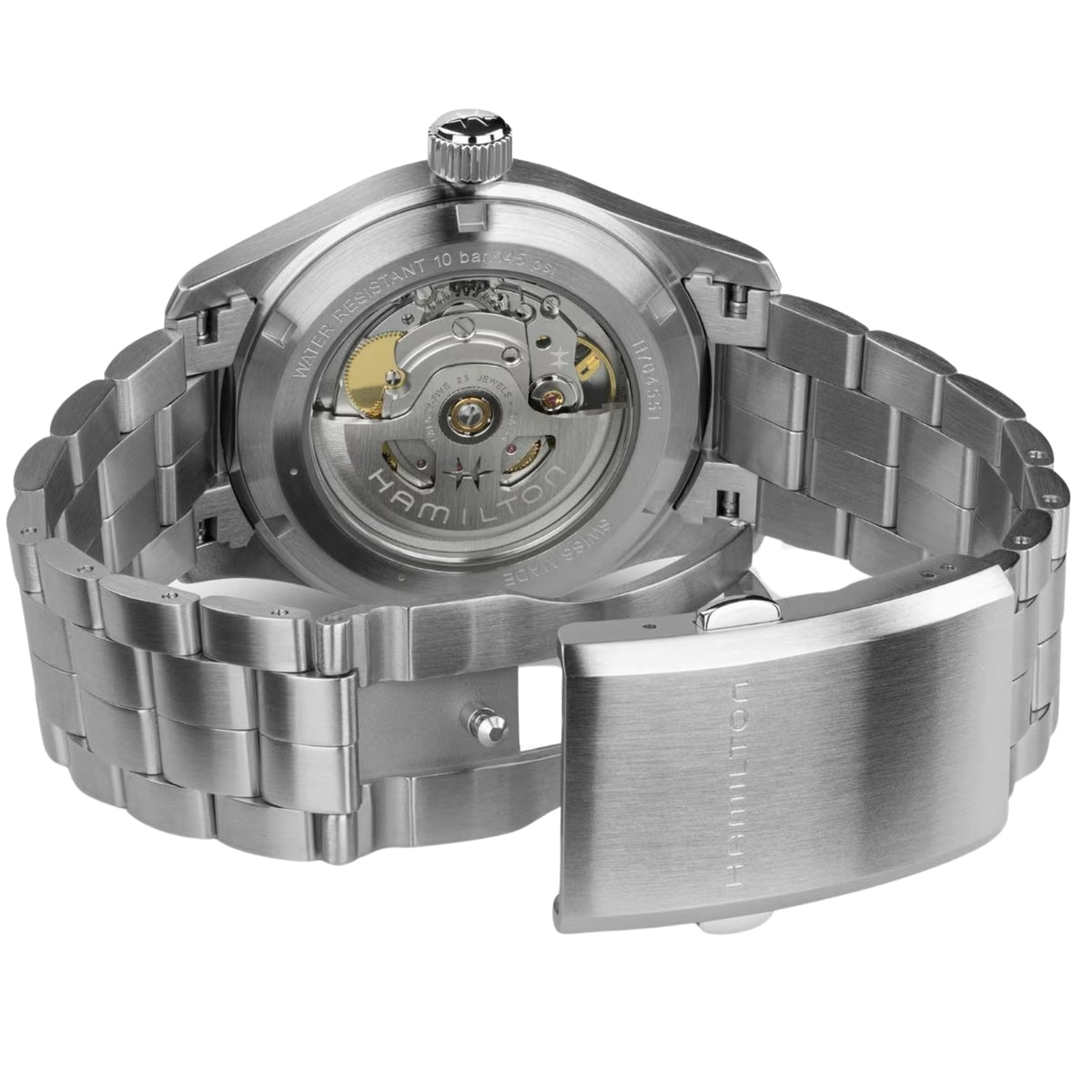 Hamilton Khaki Field H70455160 back view showcasing exhibition caseback displaying internal movement, rotor, and folding clasp bracelet
