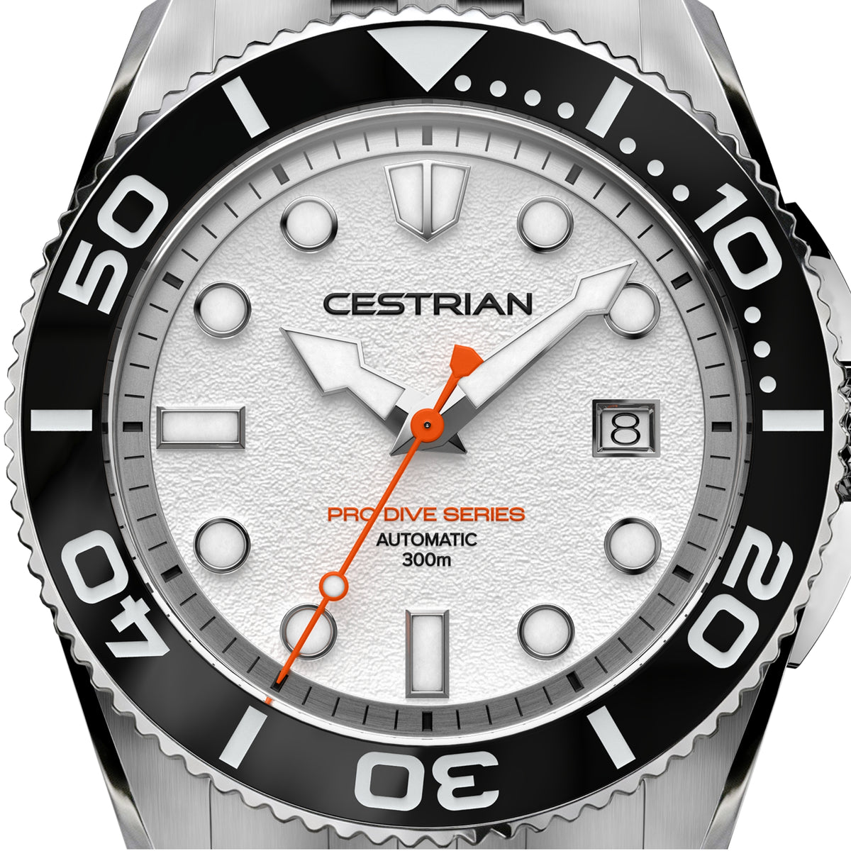 Men's automatic dive watch with white dial, orange hands, green markers, black bezel