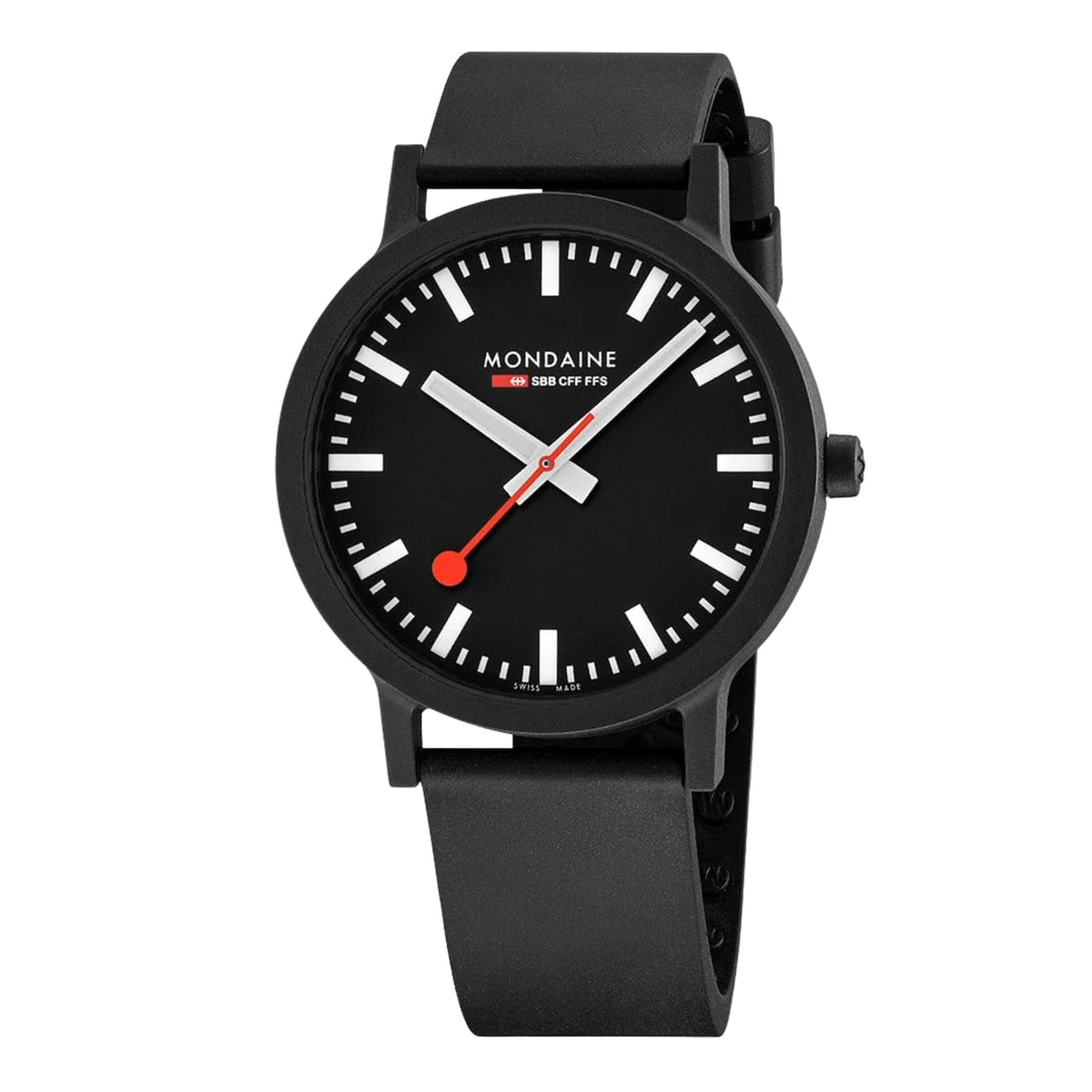 Mondaine Essence MS1.41120.RB mens watch showing a matte black eco-friendly case, dark SBB dial, and black rubber strap