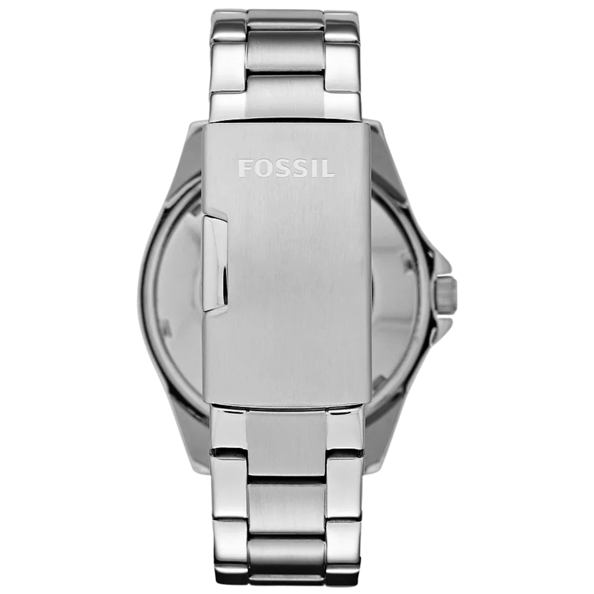 Case back view of the Fossil Riley ES3202 stainless steel bracelet showcasing the branded push-button foldover clasp