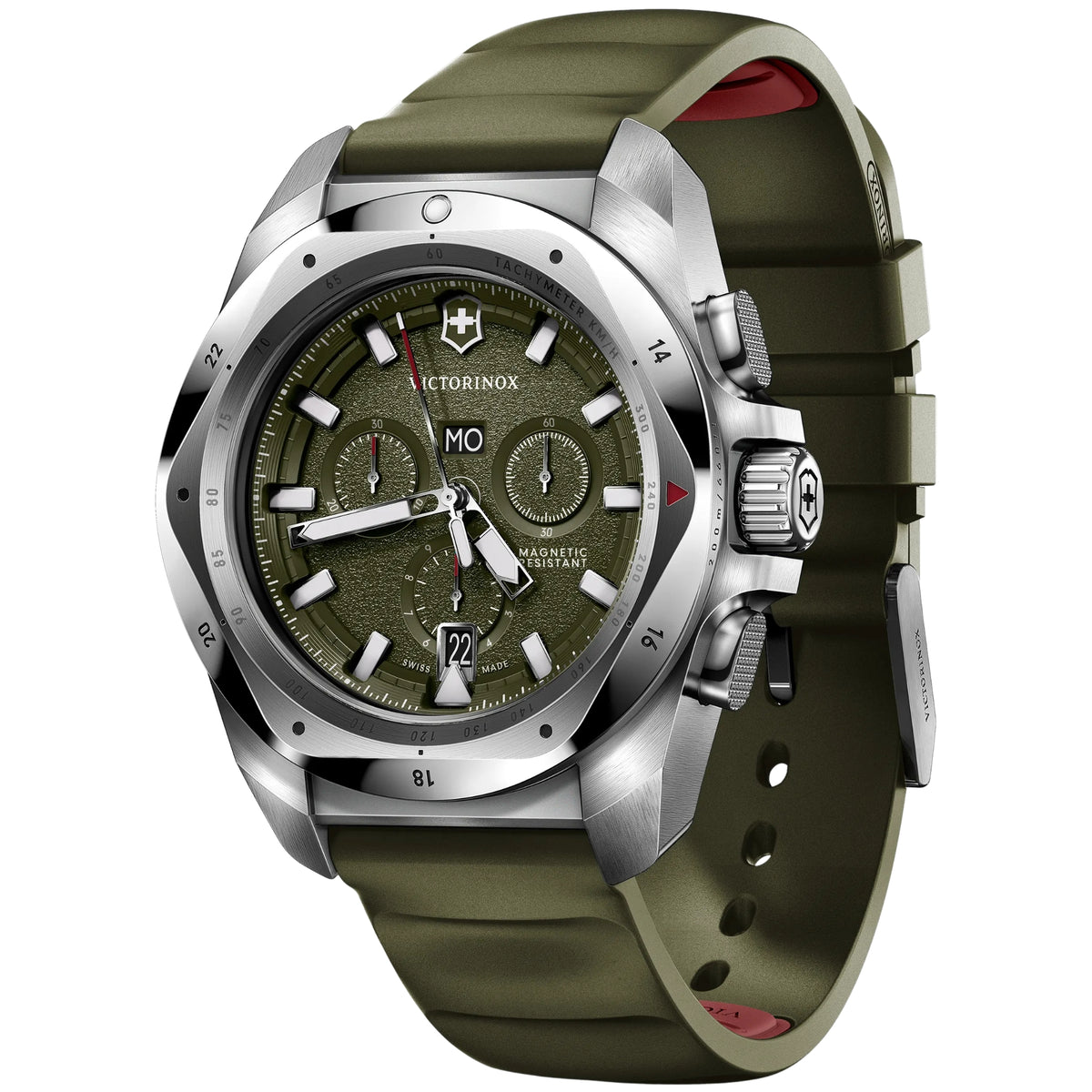 Victorinox I.N.O.X. 242081 quartz watch angled view showing textured green dial, luminescent markers, and green strap with red lining