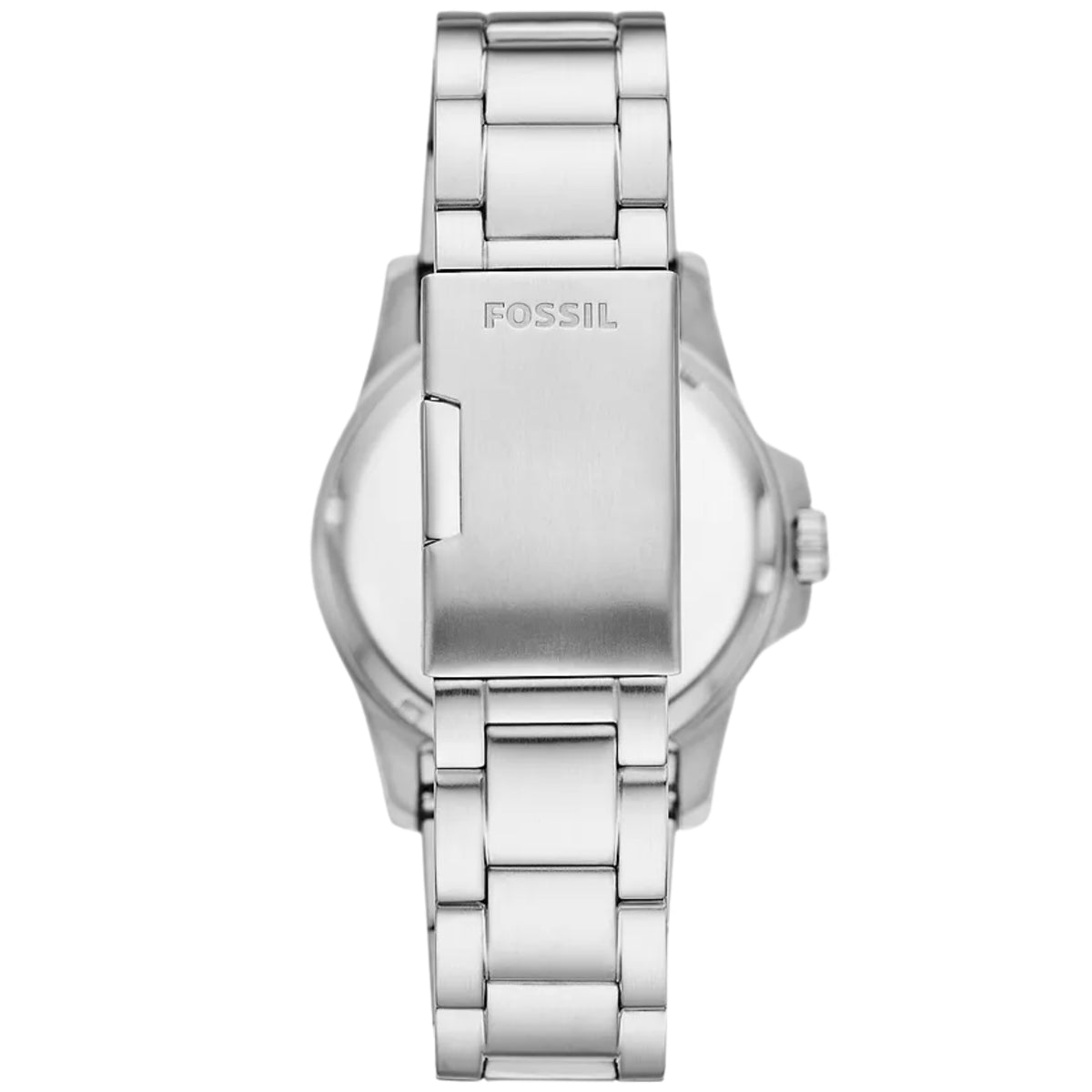 Stainless steel men’s dive watch with black dial, rotating bezel, and metal bracelet