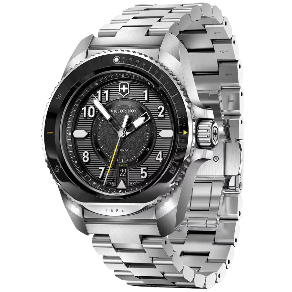 Victorinox 241981 black matte dial with date display and luminous hands close-up
