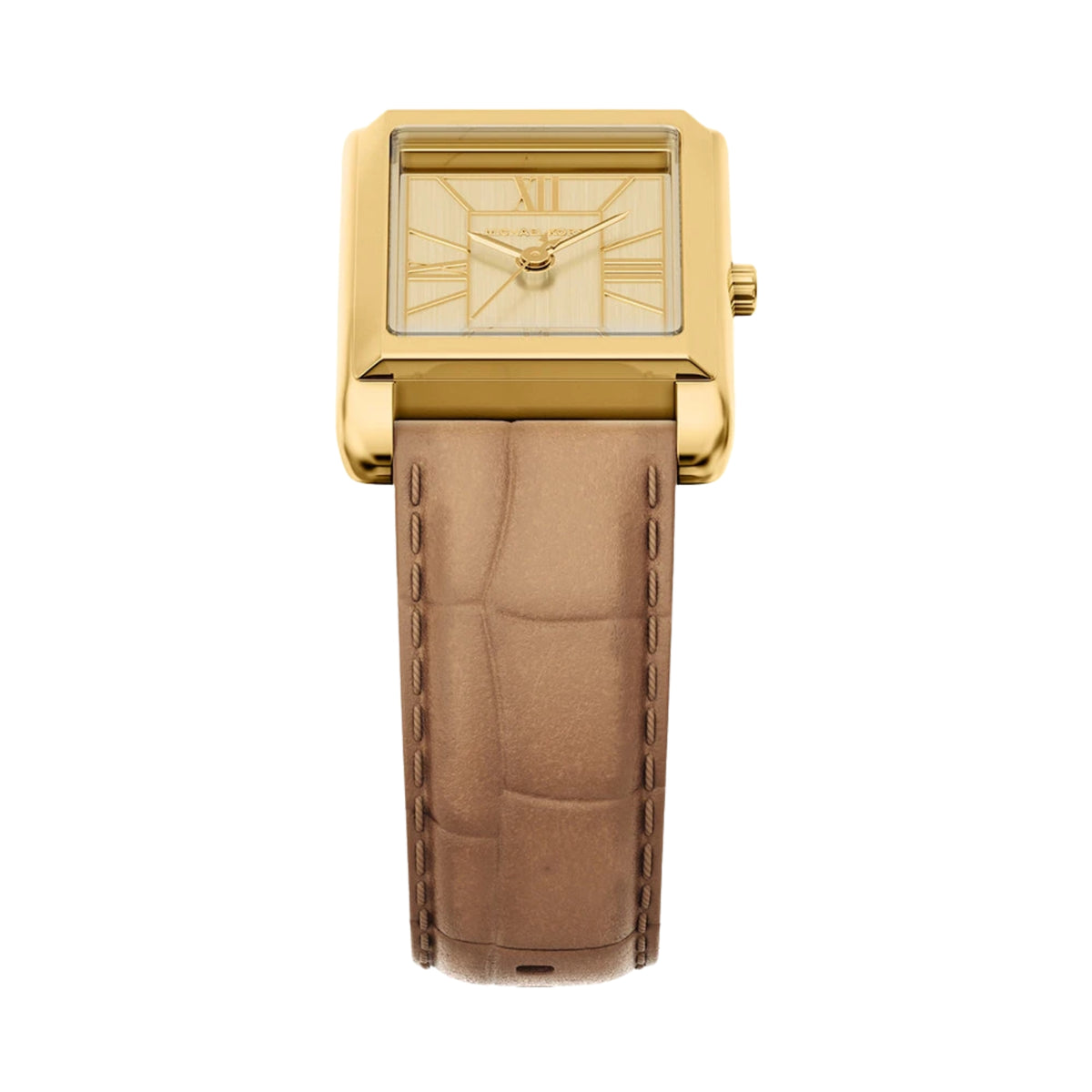 Michael Kors Essex MK7584 top angled perspective highlighting the rectangular gold case and brown leather strap attachment