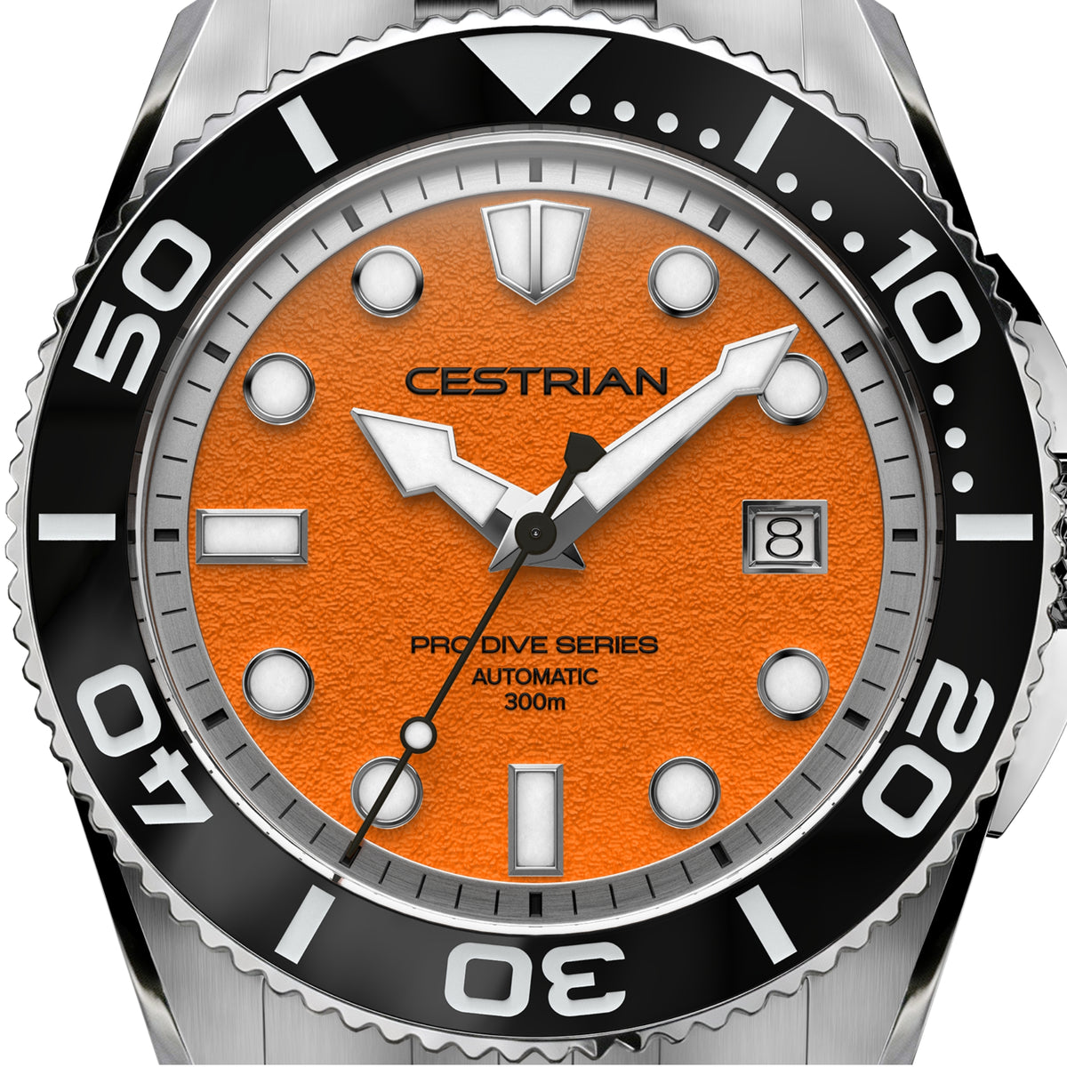Men's dive watch close-up with orange dial, silver hands, and black bezel markers.