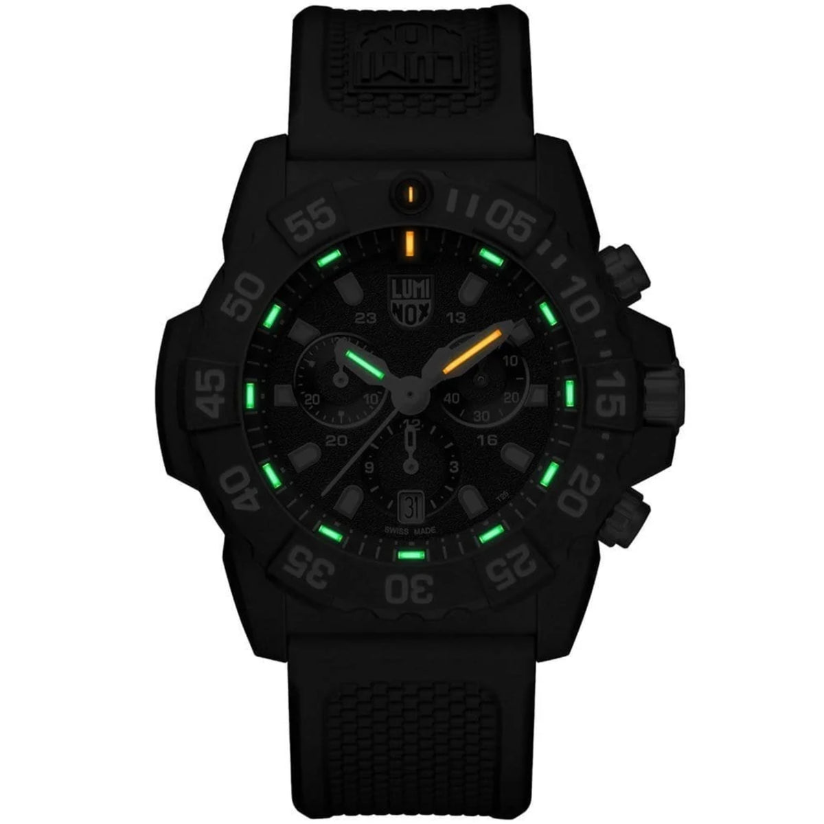 Black Luminox chronograph watch with rubber strap and glowing green bezel markers