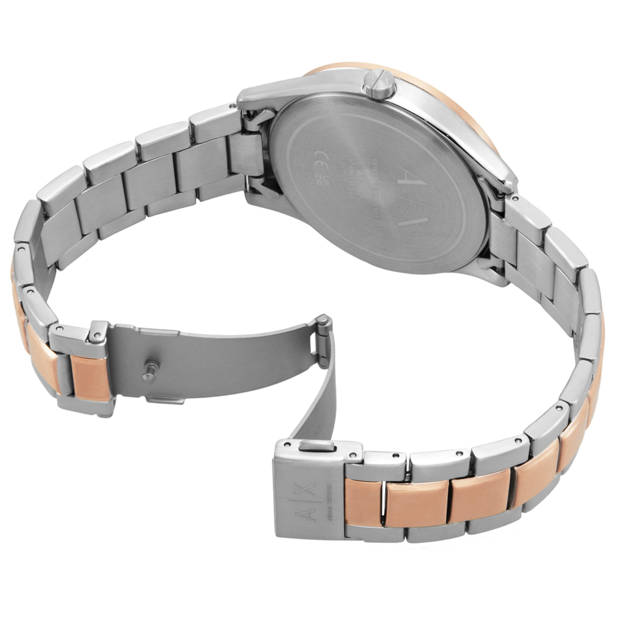 Stainless steel chronograph watch with black dial and tan accent bracelet links