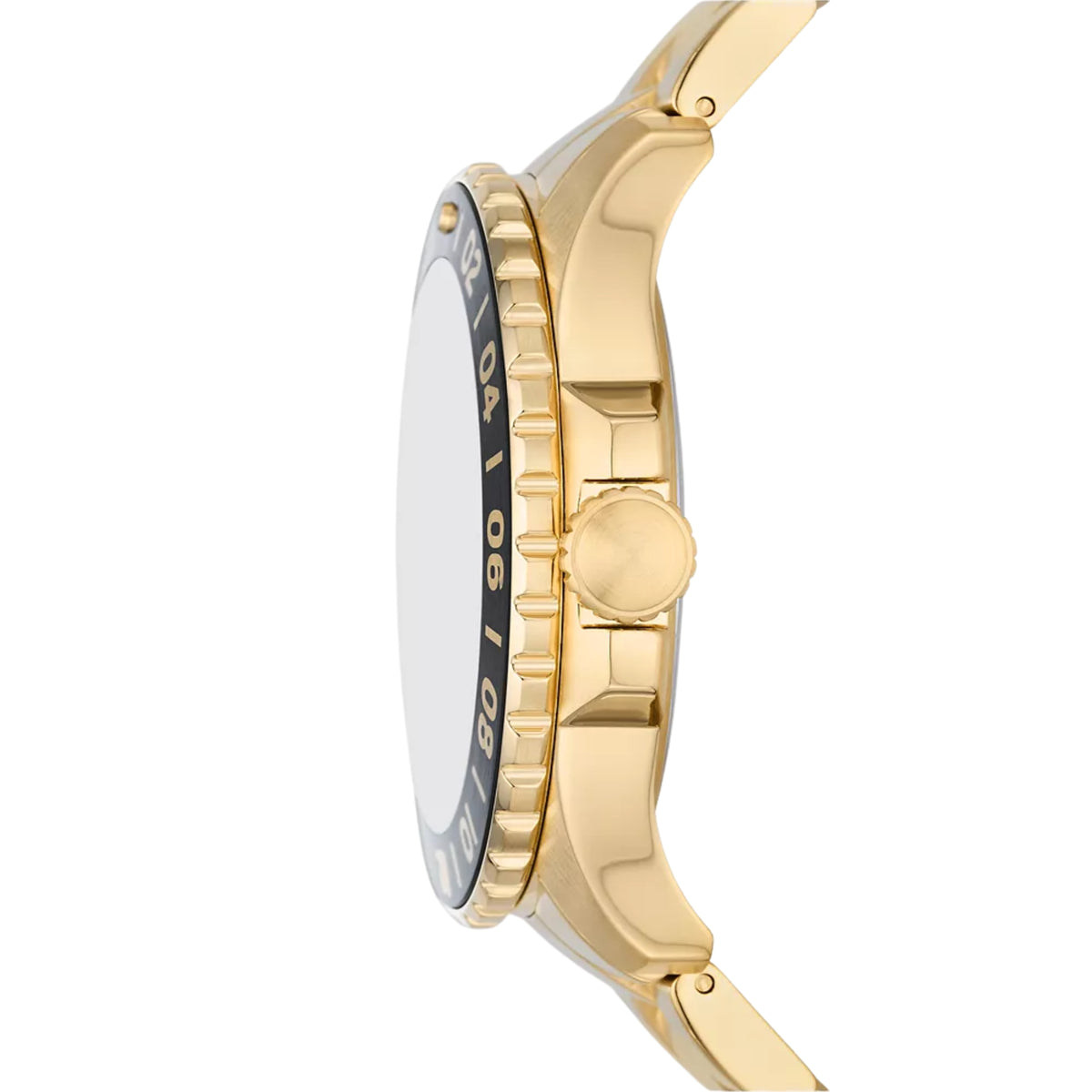Profile view highlighting the thick gold-tone case and crown guards of the Fossil Blue GMT FS5990 timepiece